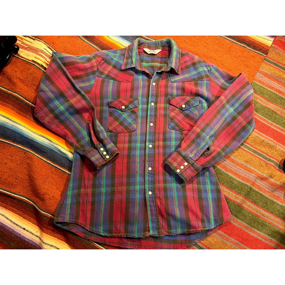 VTG Five Brothers Dakota Red Purple Plaid Snap Flannel Shirt Sz. XL USA